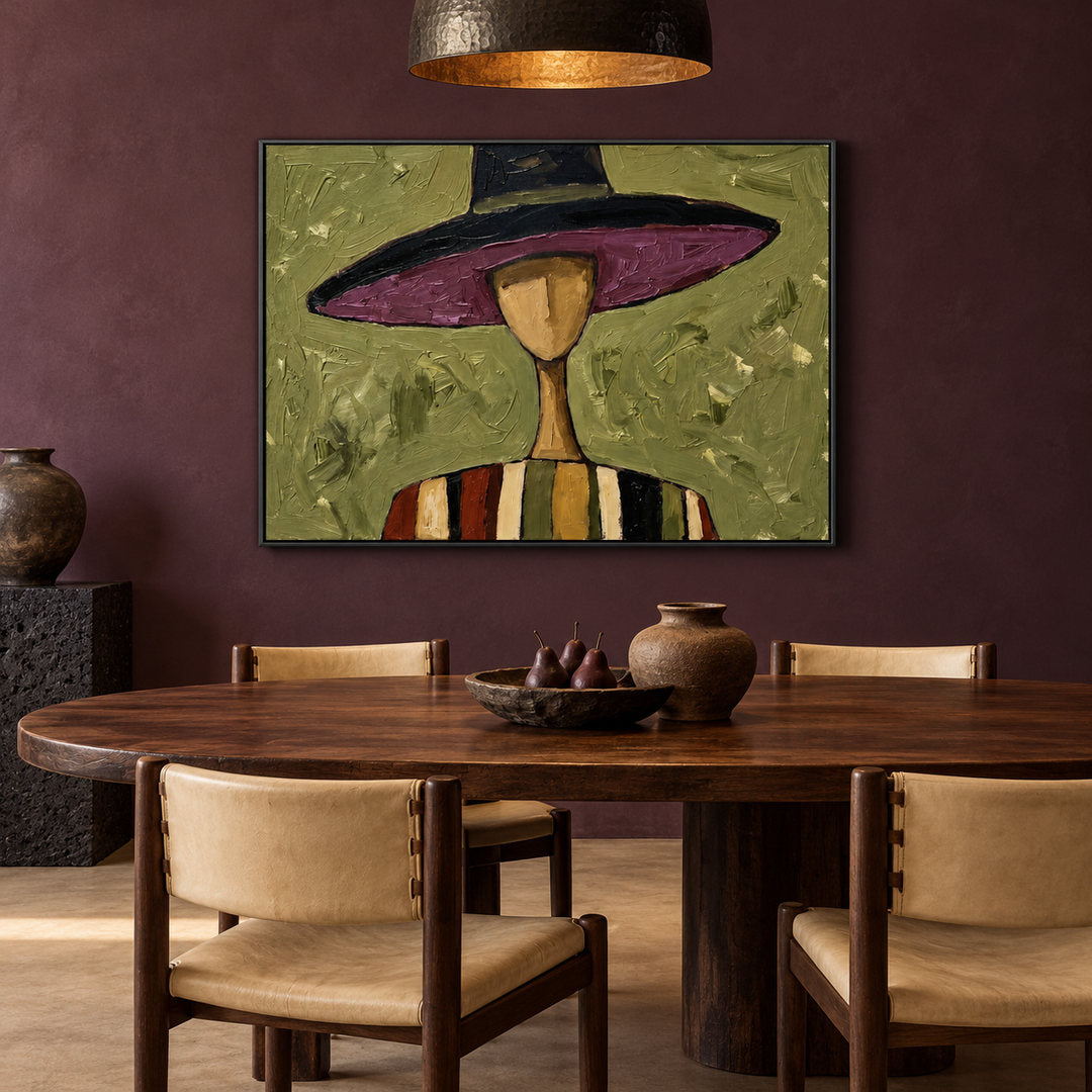 textured Western portrait wall art with violet hat and sage green in a coordinated modern interior
