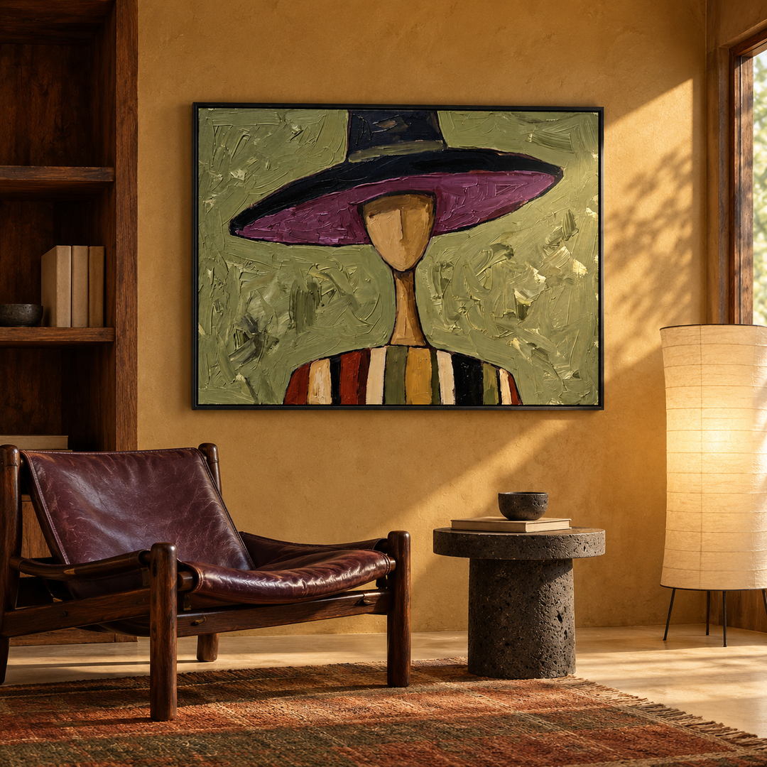 textured Western portrait wall art with violet hat and sage green in a coordinated modern interior