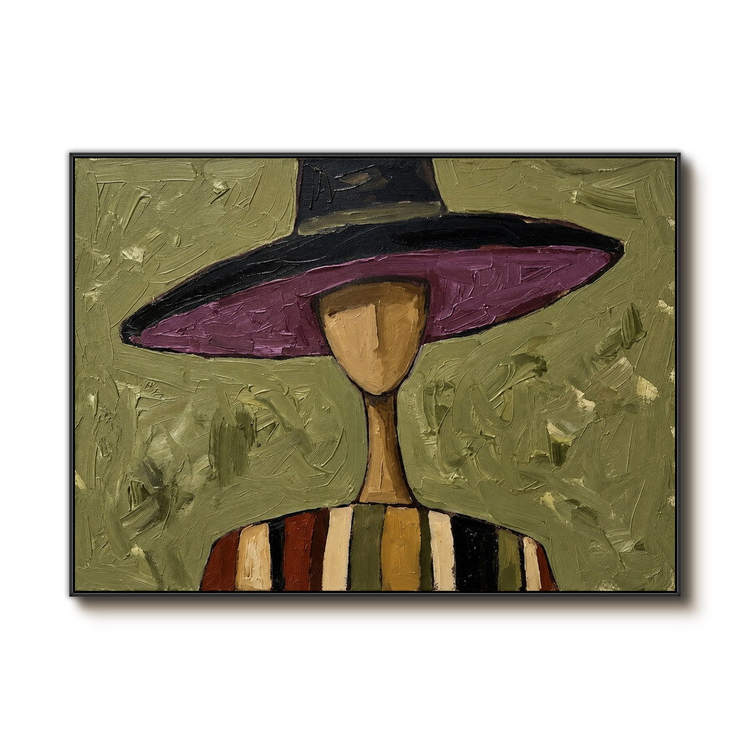 textured Western portrait wall art with violet hat and sage green on a clean white background