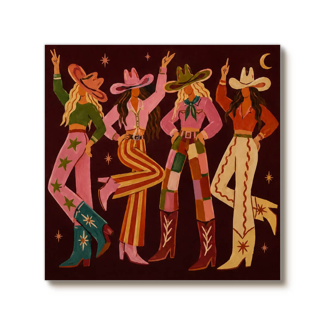 Bold modern western cowgirl wall art in warm colors - The Western Muses - Hues Art Lab