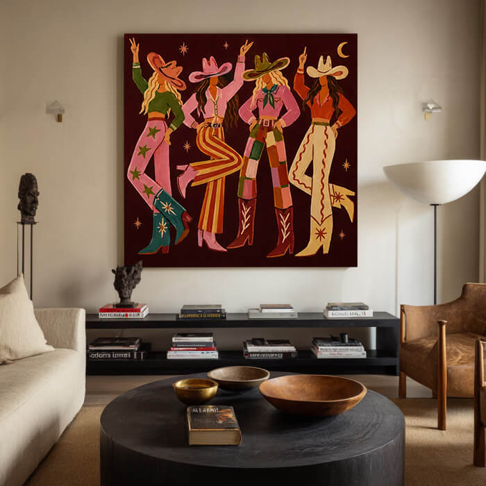 Bold modern western cowgirl wall art in warm colors - The Western Muses - Hues Art Lab