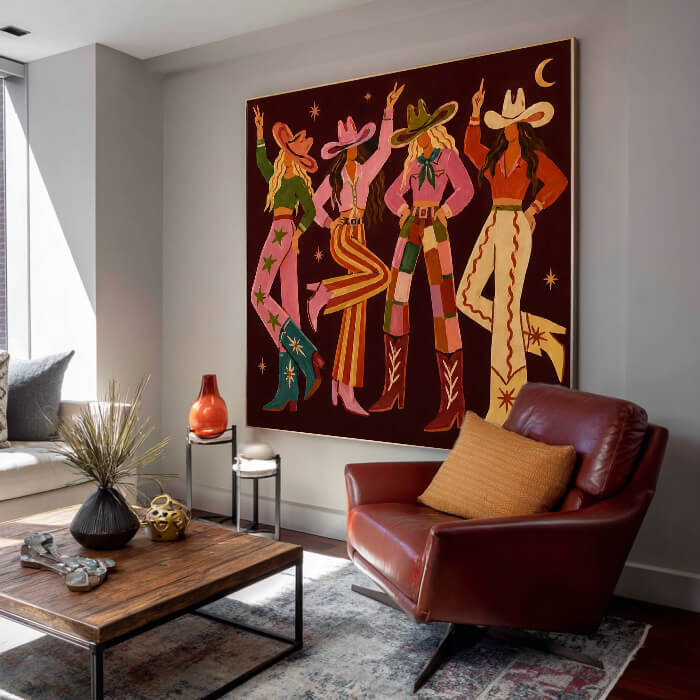 Bold modern western cowgirl wall art in warm colors - The Western Muses - Hues Art Lab