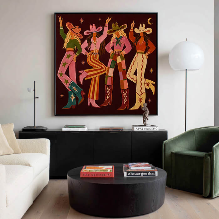 Bold modern western cowgirl wall art in warm colors - The Western Muses - Hues Art Lab