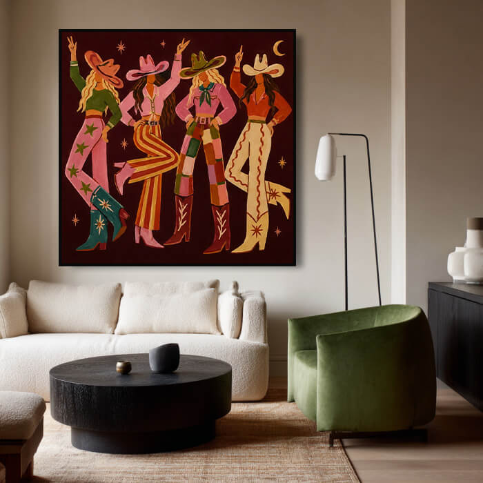 Bold modern western cowgirl wall art in warm colors - The Western Muses - Hues Art Lab