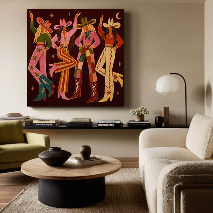 Bold modern western cowgirl wall art in warm colors - The Western Muses - Hues Art Lab