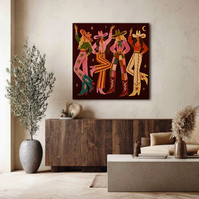 Bold modern western cowgirl wall art in warm colors - The Western Muses - Hues Art Lab