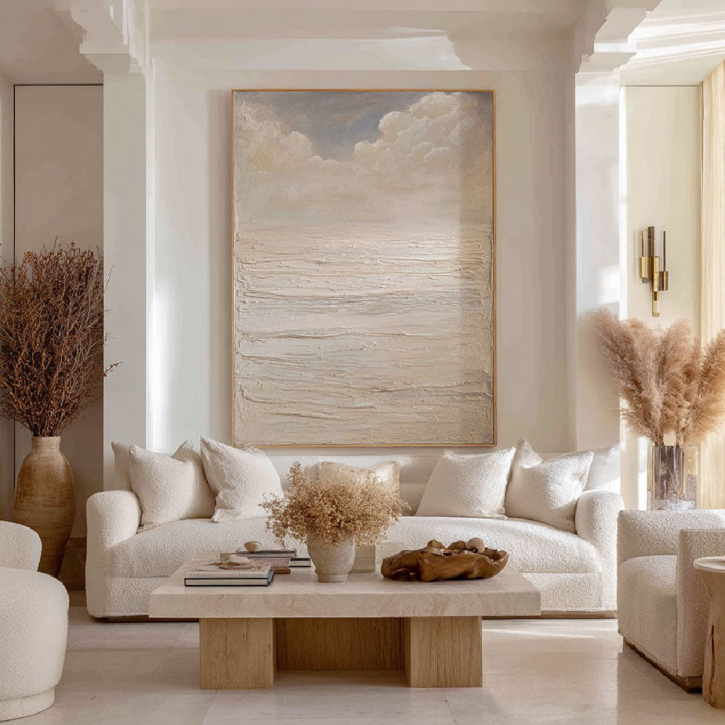 The White Sea modern impasto cream abstract wave texture wall art by Hues Art Lab