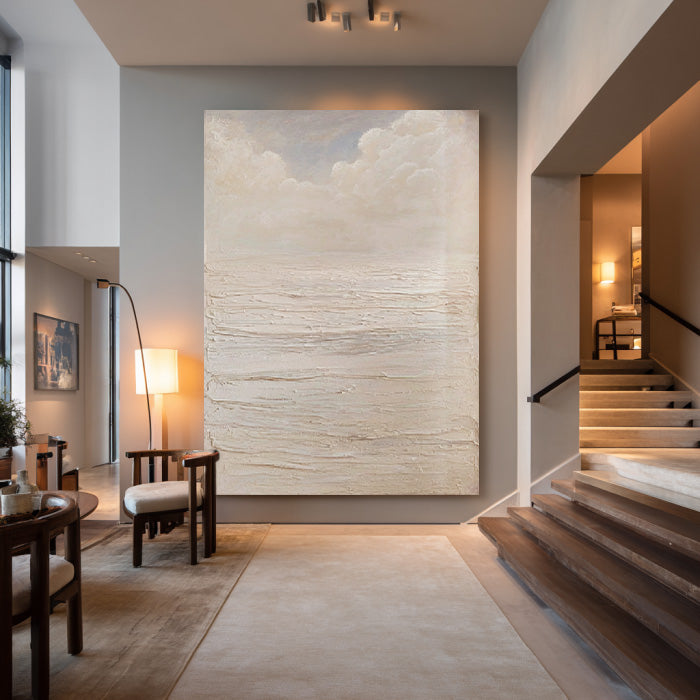 The White Sea framed neutral canvas print styled in a calm modern room