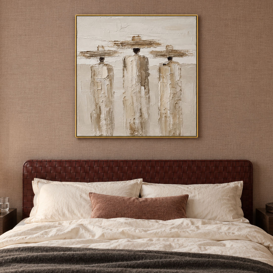 textured figurative wall art with three figures in cream beige and brown in a coordinated modern interior