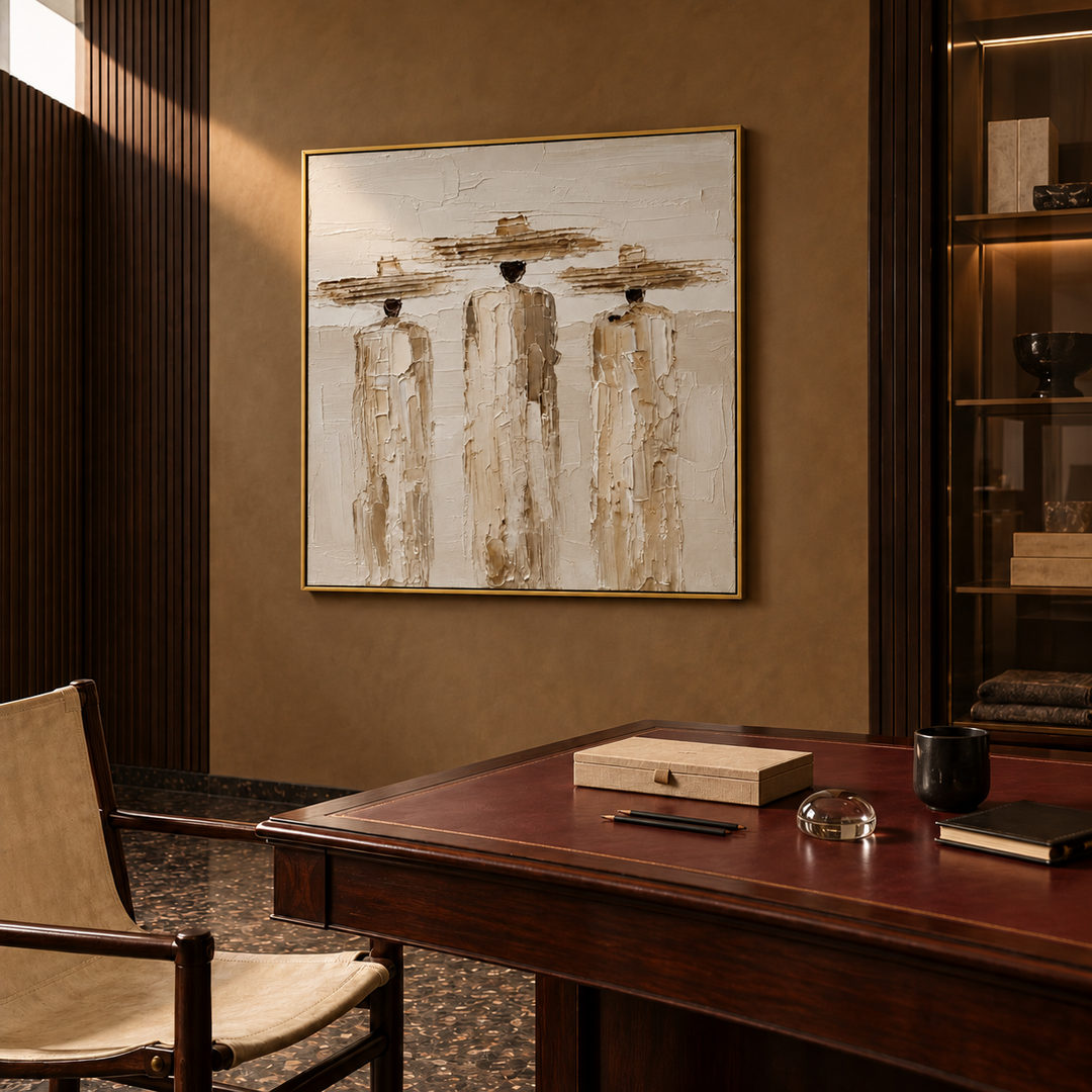 textured figurative wall art with three figures in cream beige and brown in a coordinated modern interior