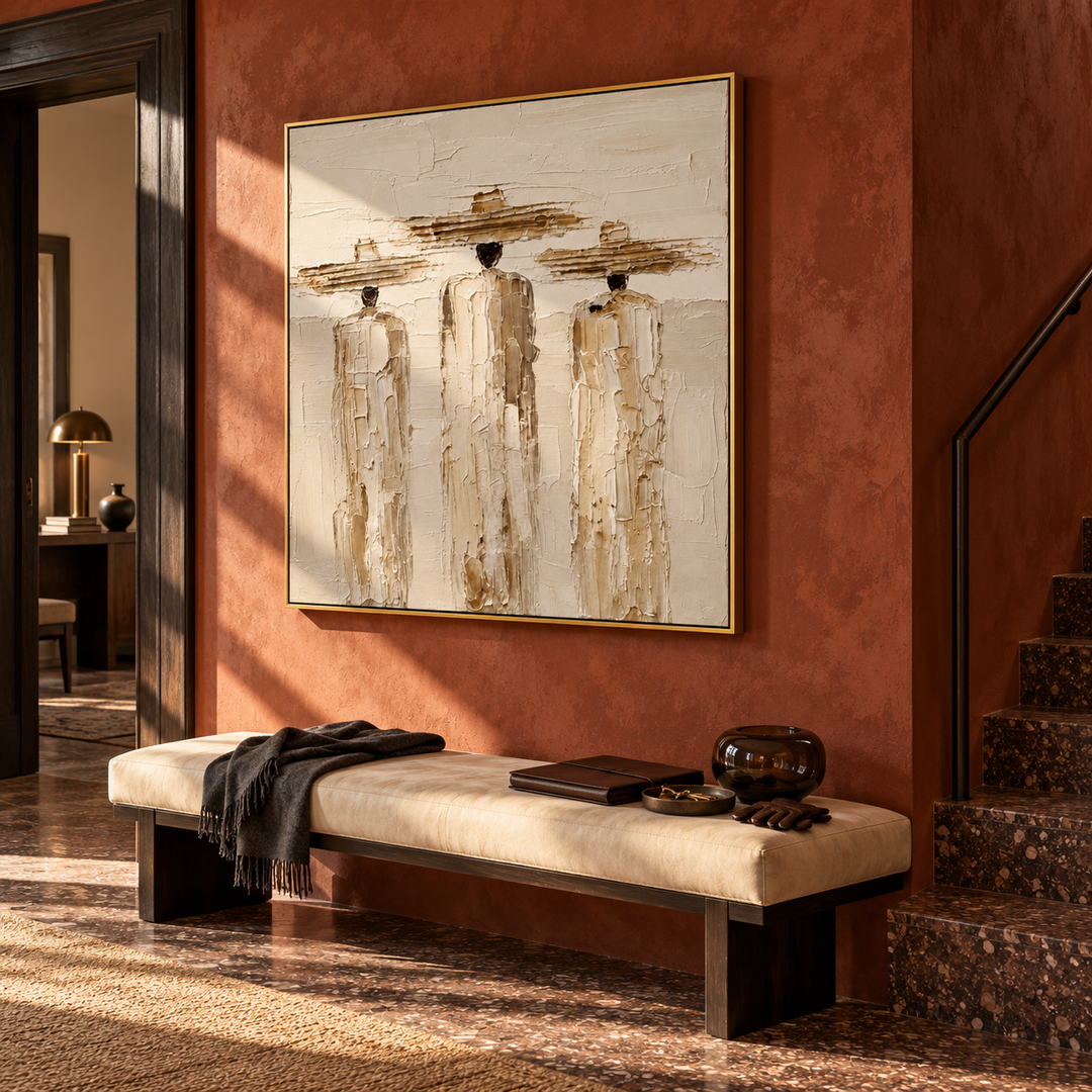 textured figurative wall art with three figures in cream beige and brown in a coordinated modern interior
