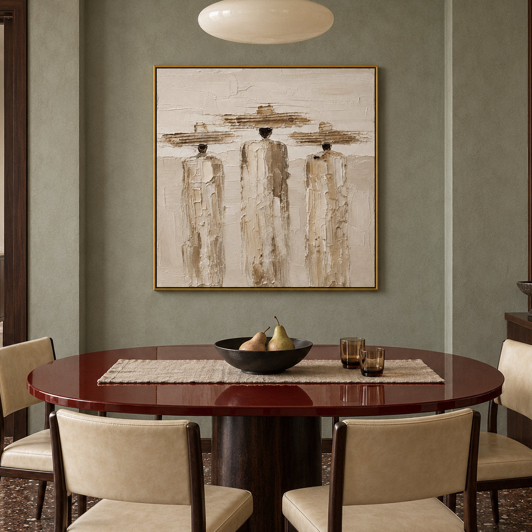 textured figurative wall art with three figures in cream beige and brown in a coordinated modern interior