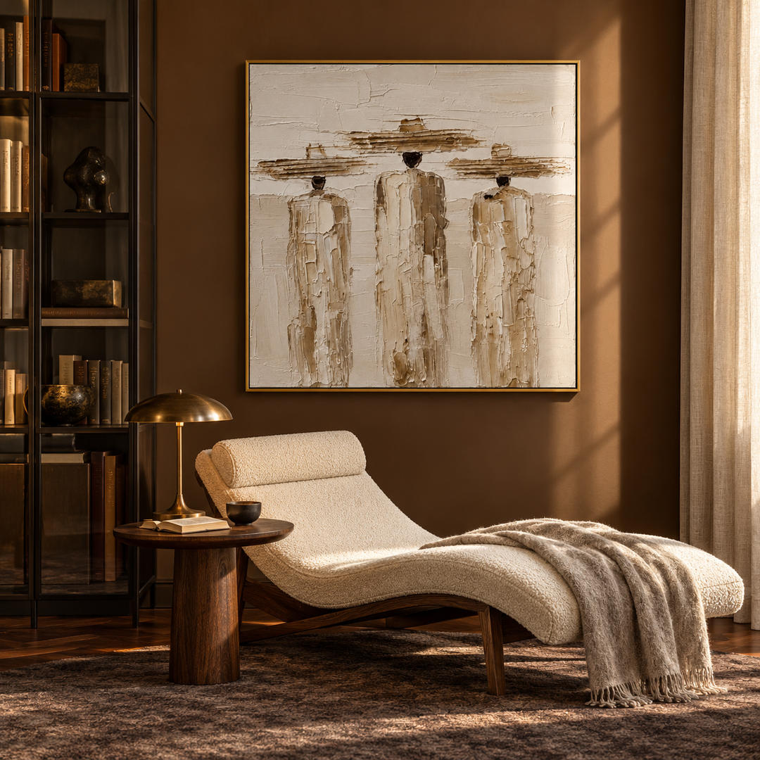 textured figurative wall art with three figures in cream beige and brown in a coordinated modern interior