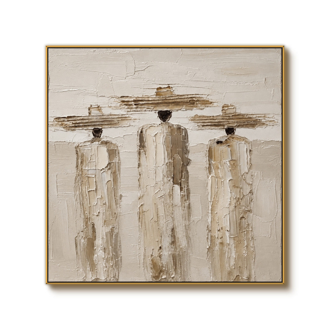 textured figurative wall art with three figures in cream beige and brown on a clean white background