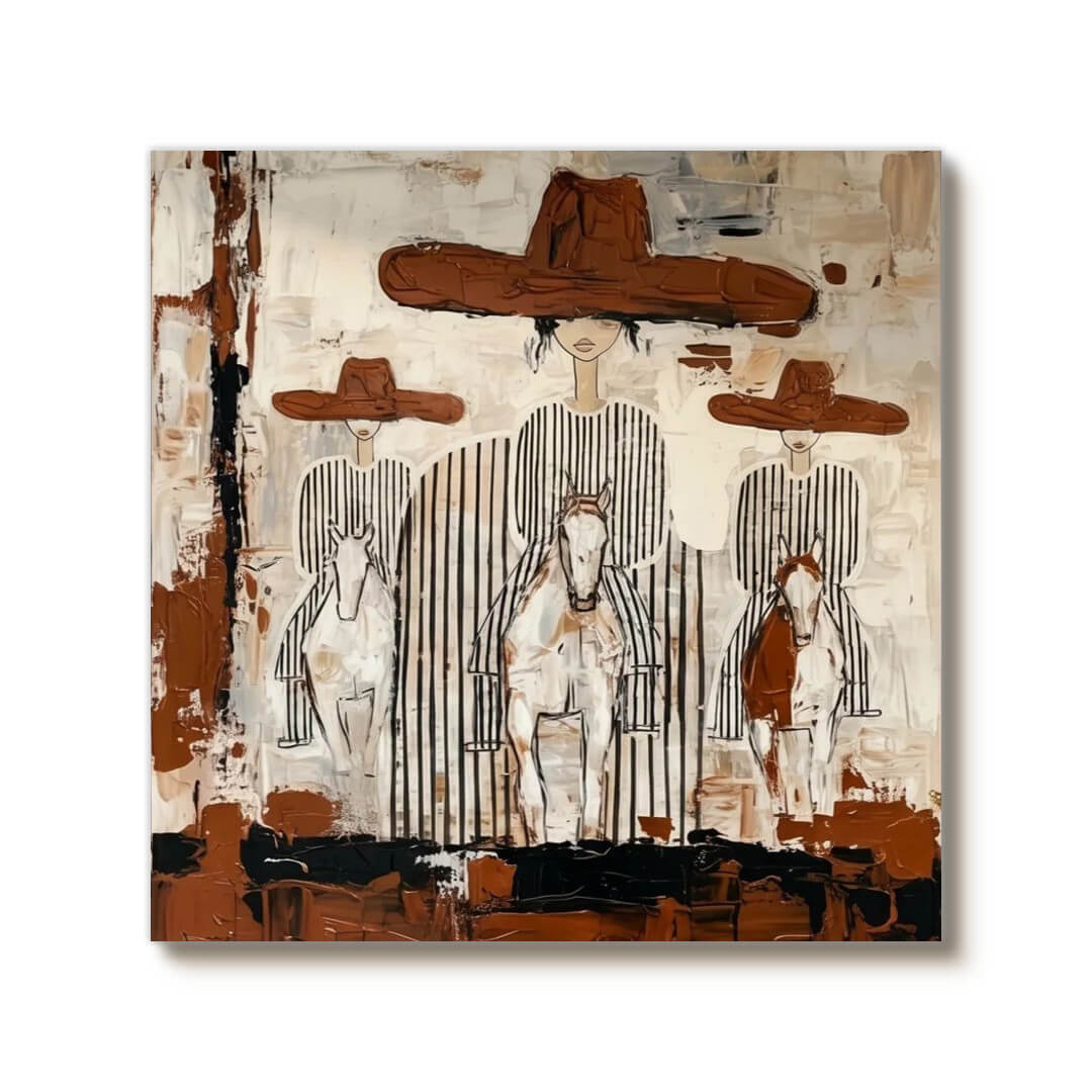 Beige brown modern abstract western wall art with three riders - Three Riders - Hues Art Lab