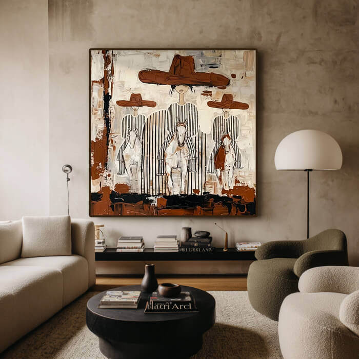 Beige brown modern abstract western wall art with three riders - Three Riders - Hues Art Lab