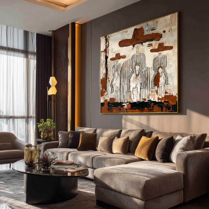 Beige brown modern abstract western wall art with three riders - Three Riders - Hues Art Lab