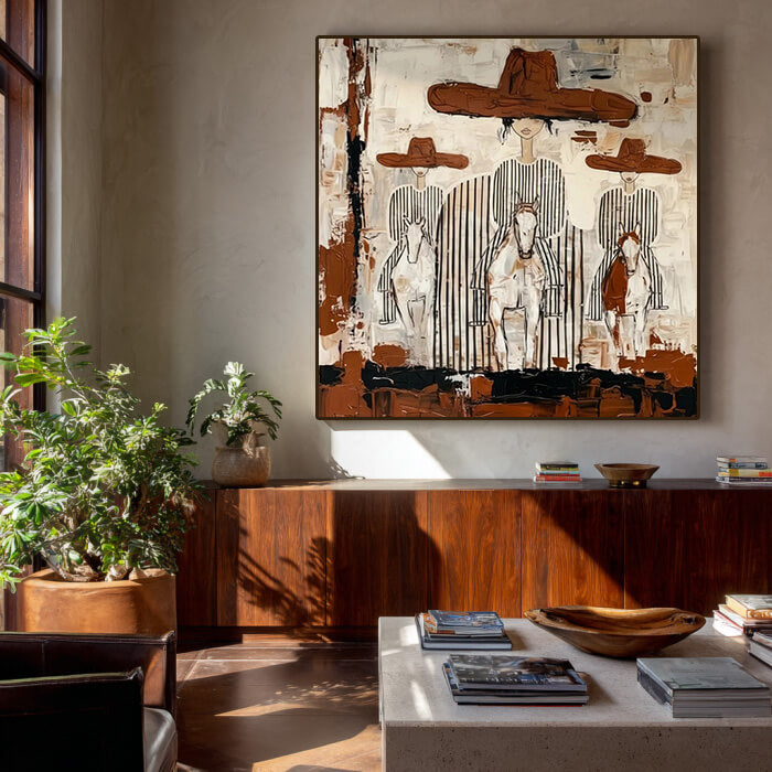 Beige brown modern abstract western wall art with three riders - Three Riders - Hues Art Lab