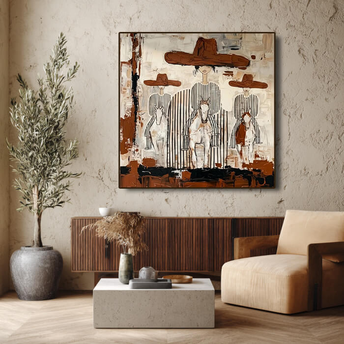 Beige brown modern abstract western wall art with three riders - Three Riders - Hues Art Lab