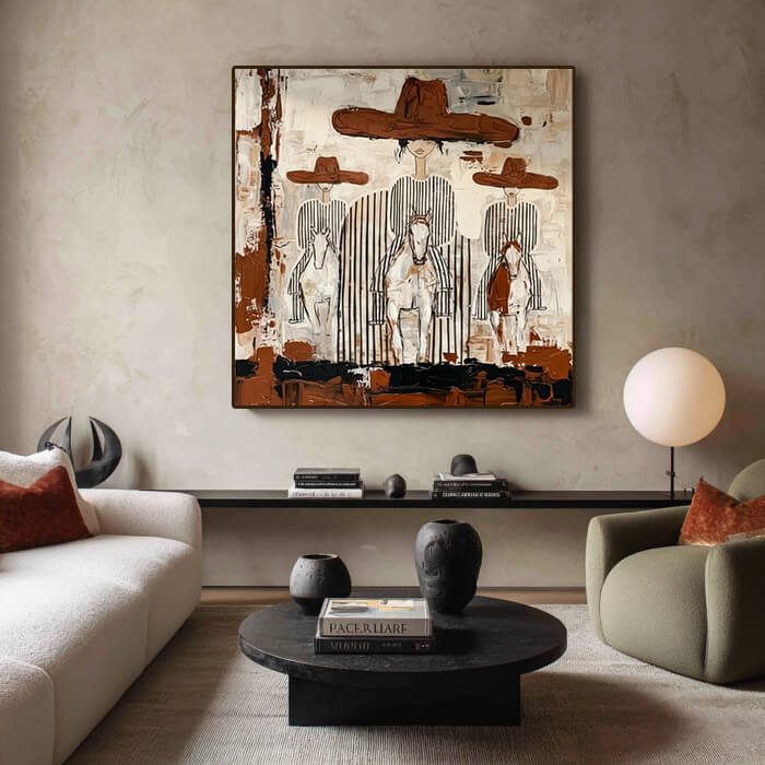 Beige brown modern abstract western wall art with three riders - Three Riders - Hues Art Lab