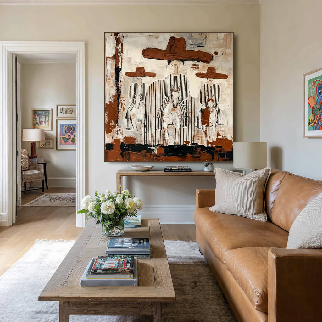 Beige brown modern abstract western wall art with three riders - Three Riders - Hues Art Lab