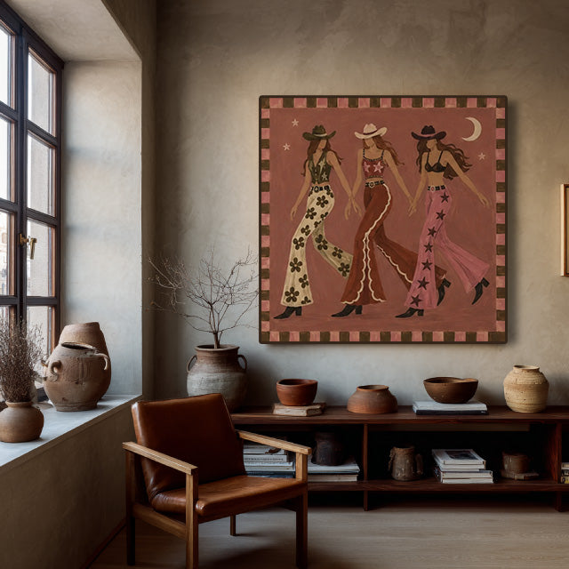 folk Western cowgirl wall art in a coordinated modern interior