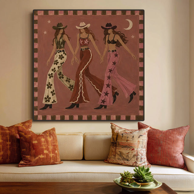 folk Western cowgirl wall art in a coordinated modern interior