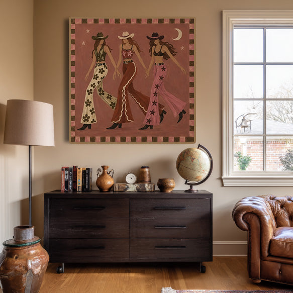 folk Western cowgirl wall art in a coordinated modern interior