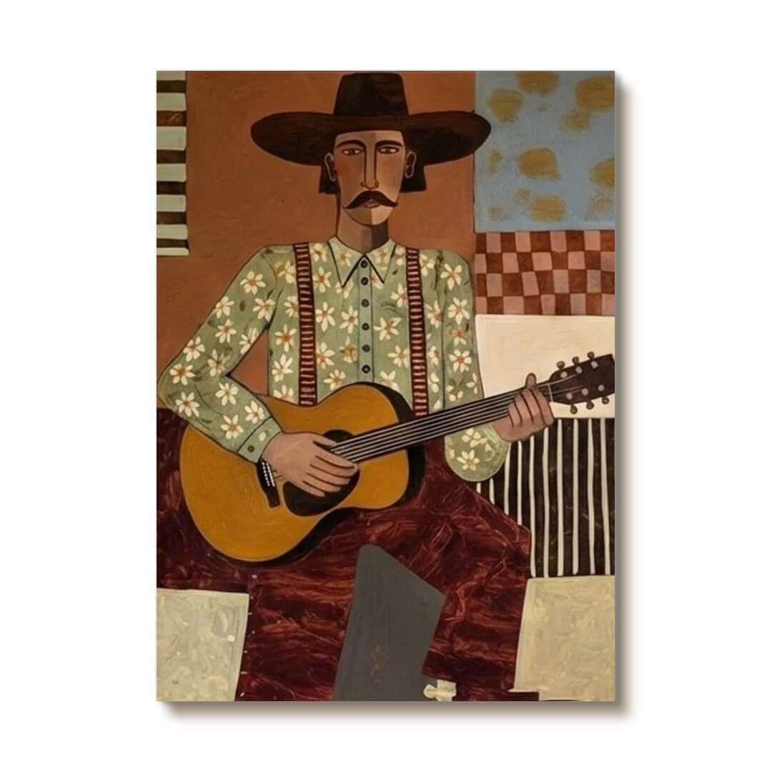 Cowboy guitar player wall art with abstract western style - Troubadour - Hues Art Lab