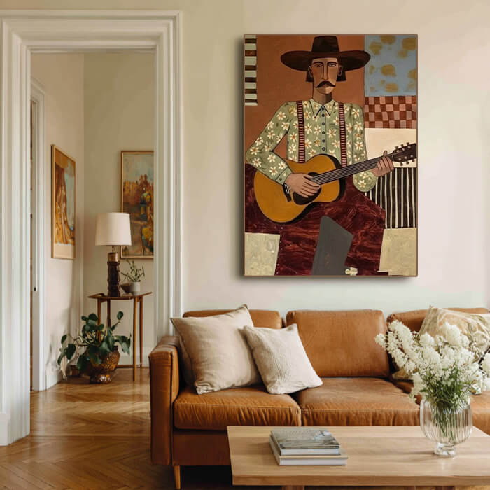 Cowboy guitar player wall art with abstract western style - Troubadour - Hues Art Lab