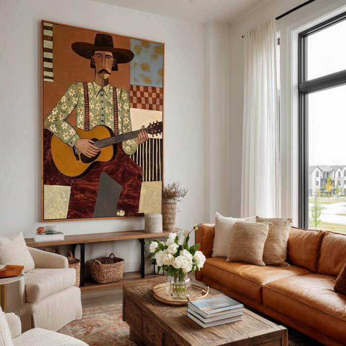 Cowboy guitar player wall art with abstract western style - Troubadour - Hues Art Lab