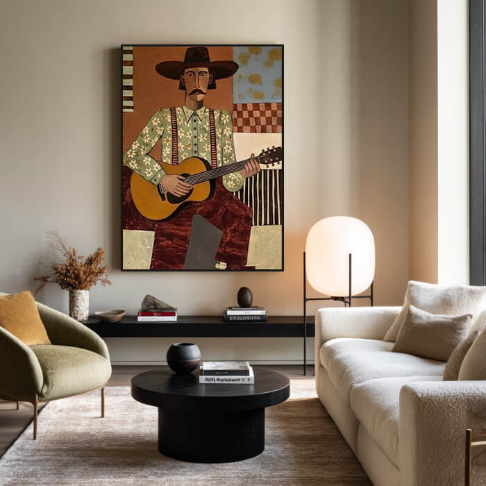 Cowboy guitar player wall art with abstract western style - Troubadour - Hues Art Lab