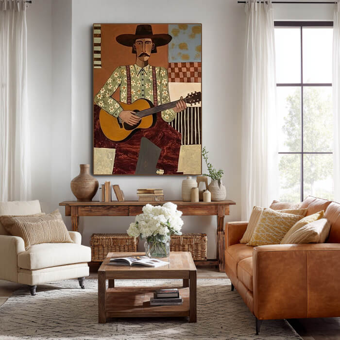 Cowboy guitar player wall art with abstract western style - Troubadour - Hues Art Lab