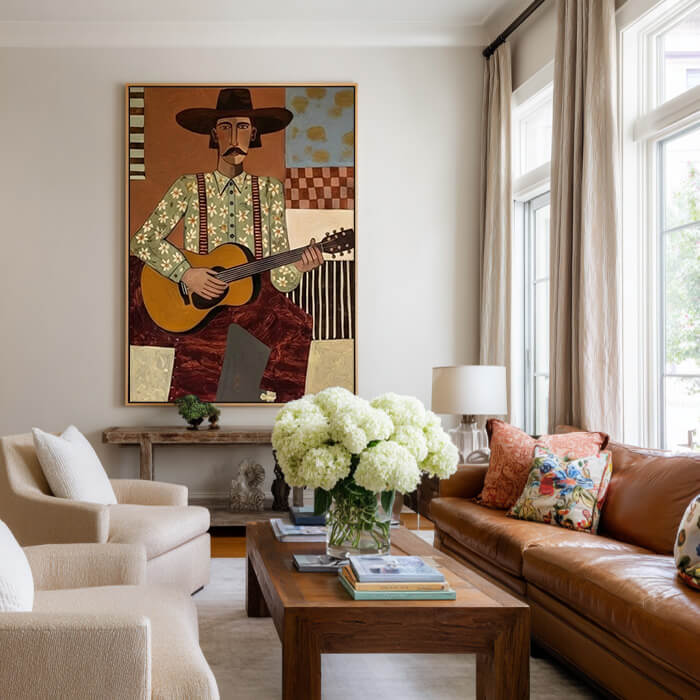 Cowboy guitar player wall art with abstract western style - Troubadour - Hues Art Lab