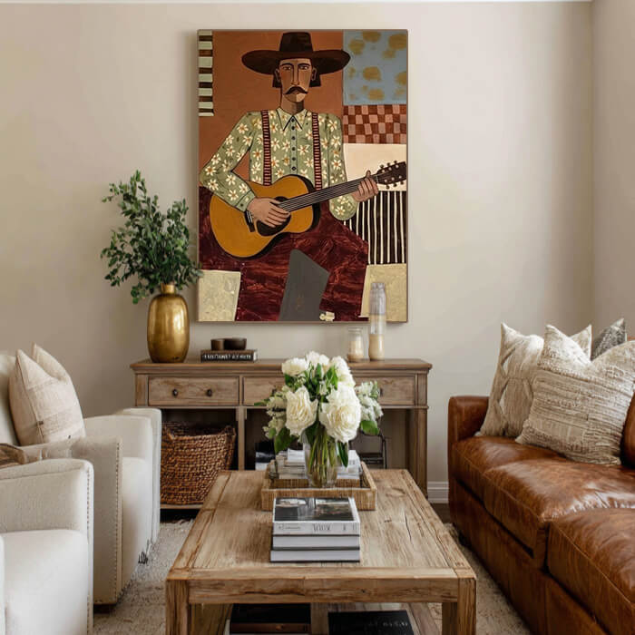Cowboy guitar player wall art with abstract western style - Troubadour - Hues Art Lab