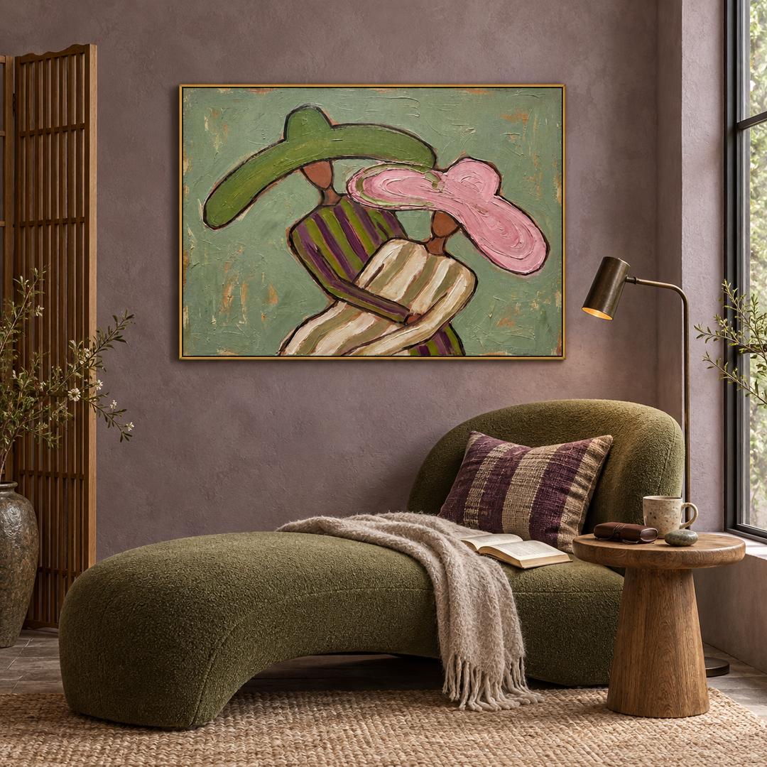 textured Western cowgirl wall art in sage green pink and beige in a coordinated modern interior