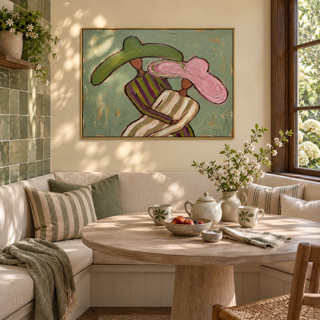 textured Western cowgirl wall art in sage green pink and beige in a coordinated modern interior