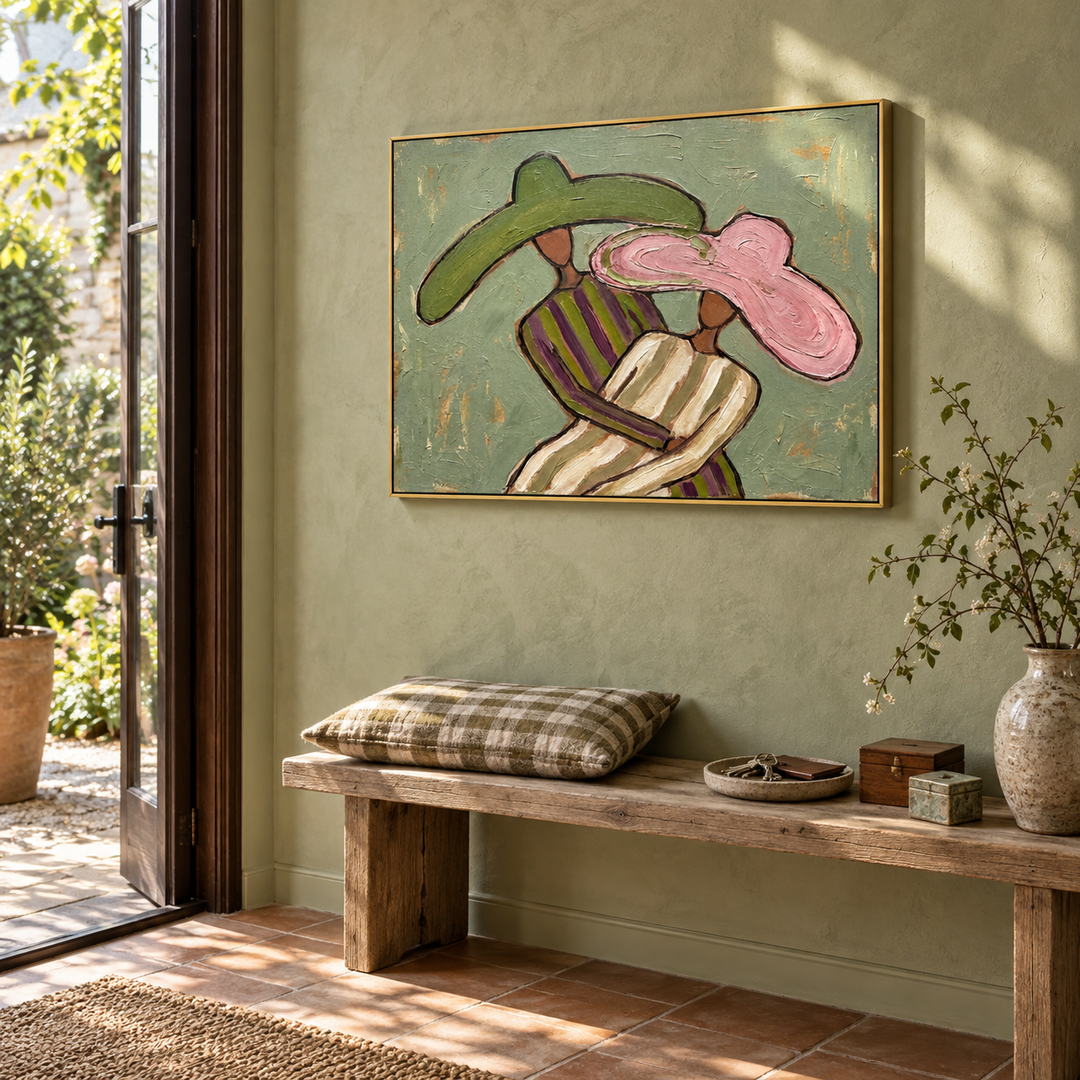 textured Western cowgirl wall art in sage green pink and beige in a coordinated modern interior