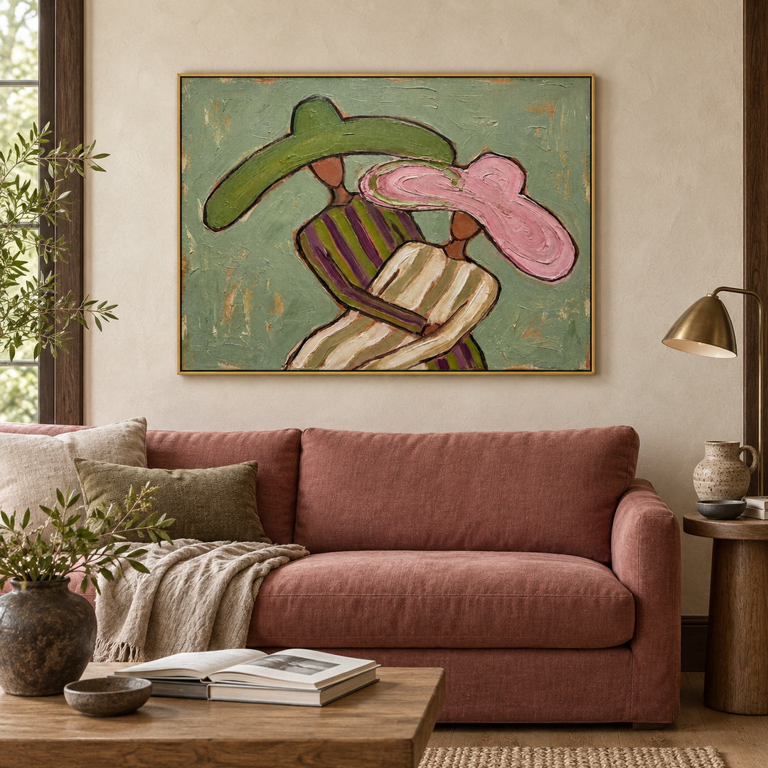 textured Western cowgirl wall art in sage green pink and beige displayed in a styled living room