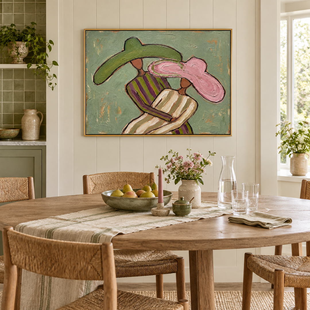 textured Western cowgirl wall art in sage green pink and beige in a coordinated modern interior