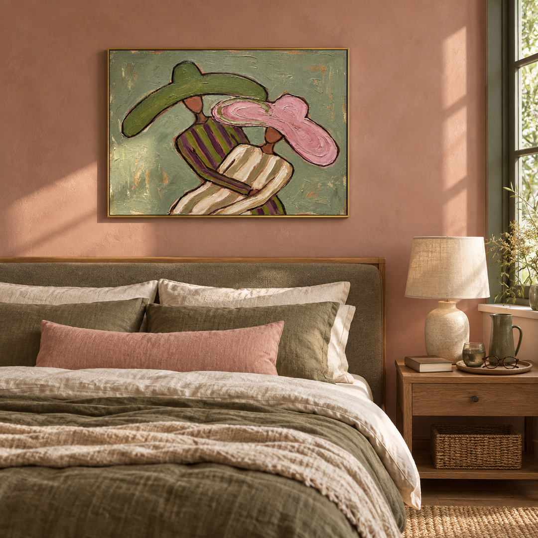 textured Western cowgirl wall art in sage green pink and beige in a coordinated modern interior