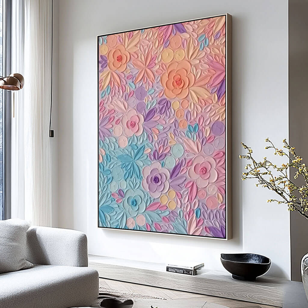 Hand-Painted Floral Textured Oil Painting in Pastel Colors - Elegant Modern Wall Art Decor   - Variety of Flowers - Hues Art Lab