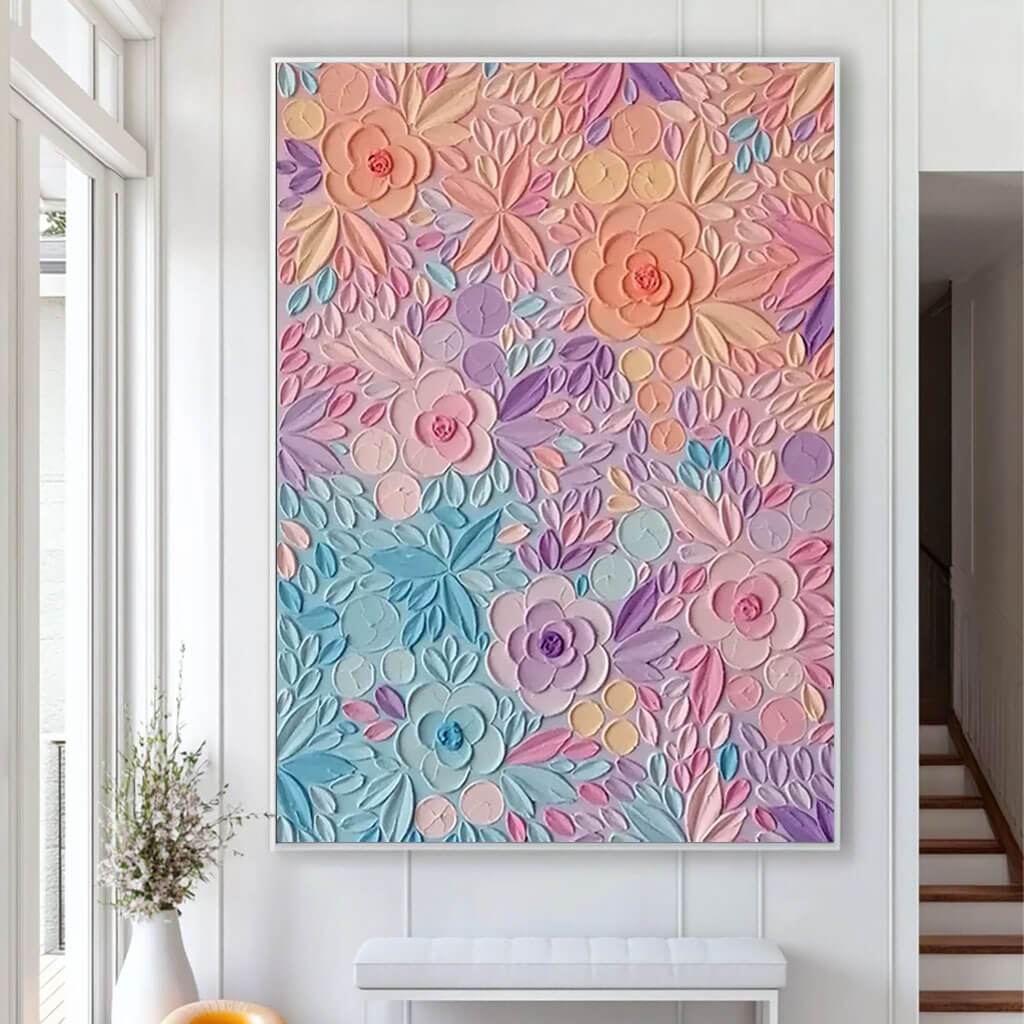 Hand-Painted Floral Textured Oil Painting in Pastel Colors - Elegant Modern Wall Art Decor   - Variety of Flowers - Hues Art Lab