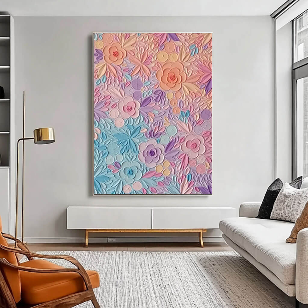 Hand-Painted Floral Textured Oil Painting in Pastel Colors - Elegant Modern Wall Art Decor   - Variety of Flowers - Hues Art Lab