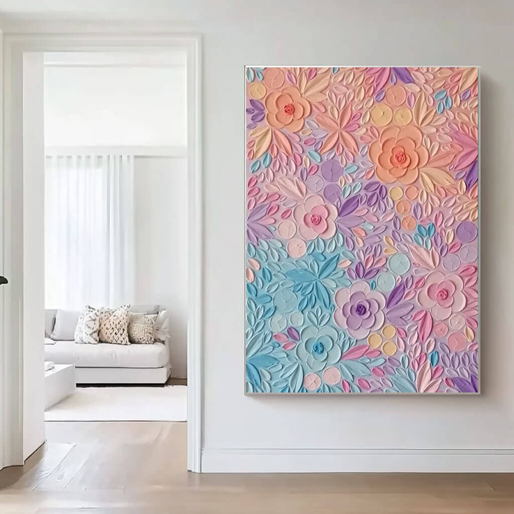 Hand-Painted Floral Textured Oil Painting in Pastel Colors - Elegant Modern Wall Art Decor   - Variety of Flowers - Hues Art Lab