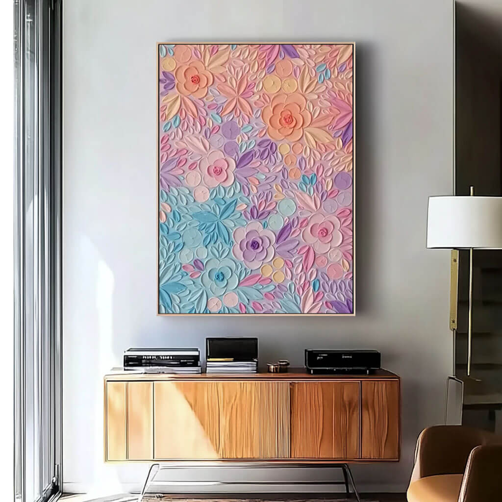 Hand-Painted Floral Textured Oil Painting in Pastel Colors - Elegant Modern Wall Art Decor   - Variety of Flowers - Hues Art Lab