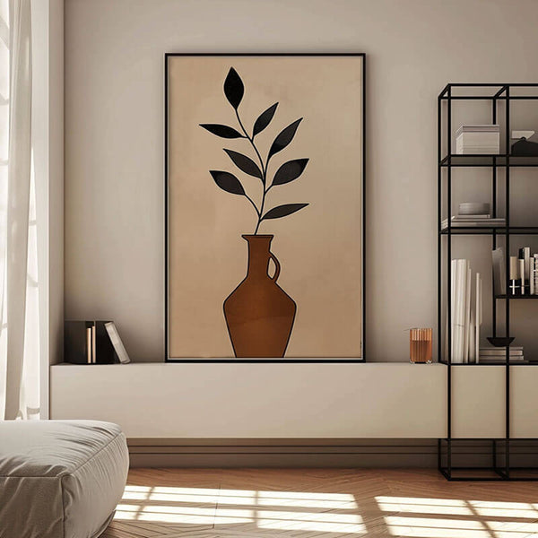 Minimalist Abstract Wall Art Painting - Vase with Leaves - Hues Art Lab