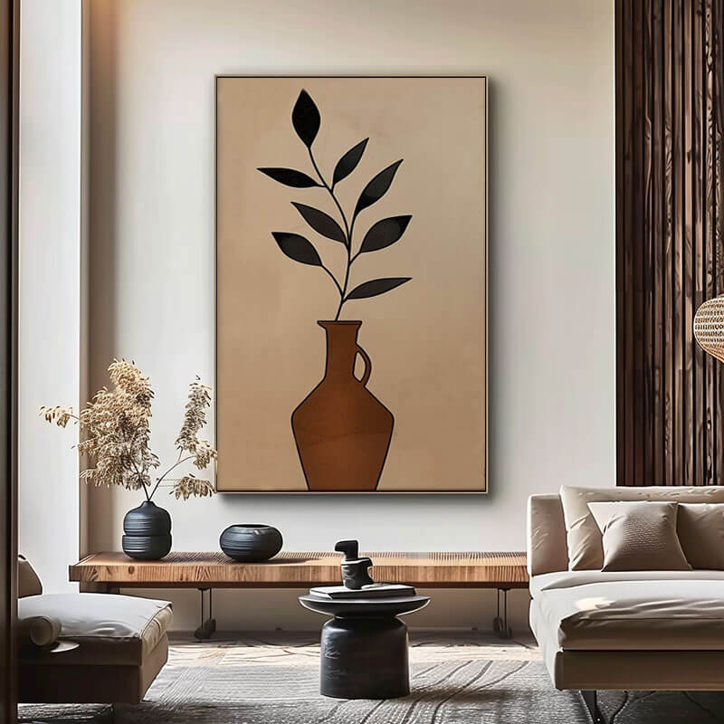 Minimalist Abstract Wall Art Painting - Vase with Leaves - Hues Art Lab