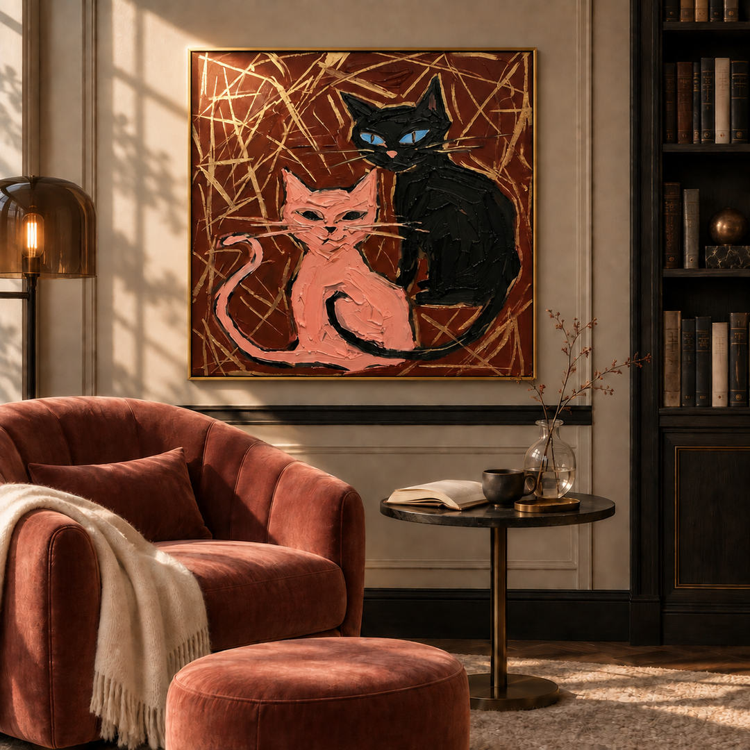 colorful graphic cat wall art in pink black and deep burgundy in a coordinated modern interior