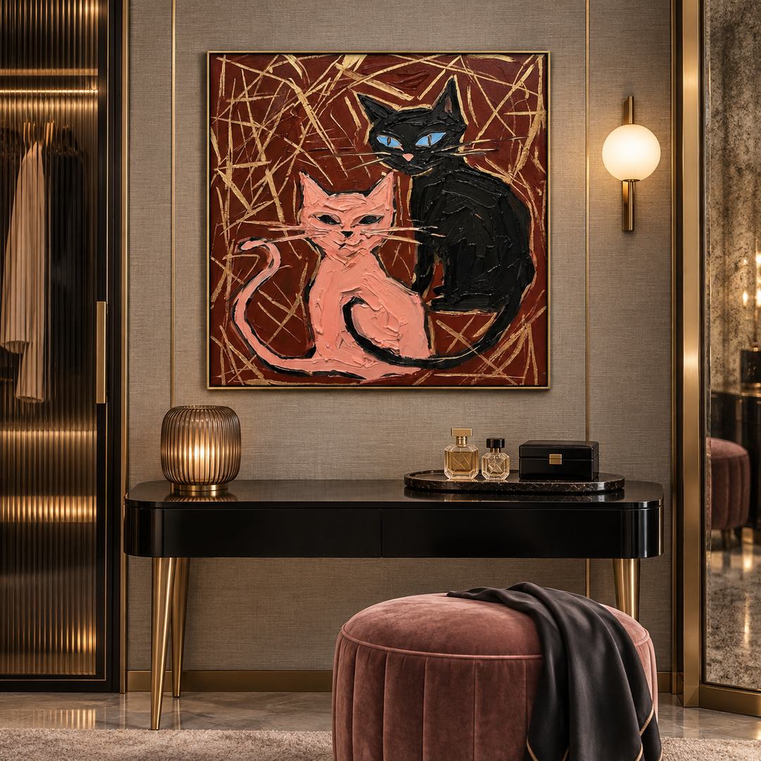 colorful graphic cat wall art in pink black and deep burgundy in a coordinated modern interior